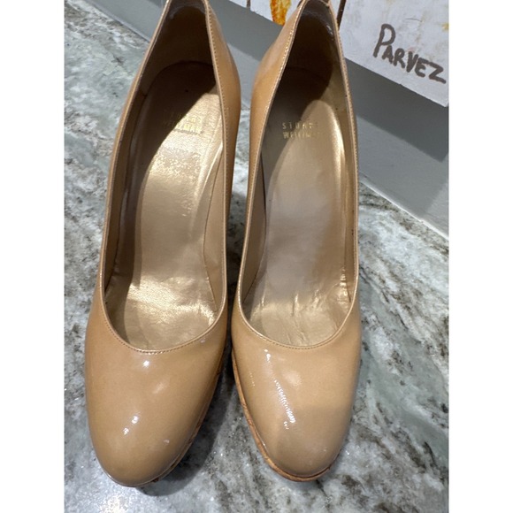 Stuart‎ Weitzman Beige Patent Leather Cork Platform Wedge Pumps Size 9 - Picture 9 of 10